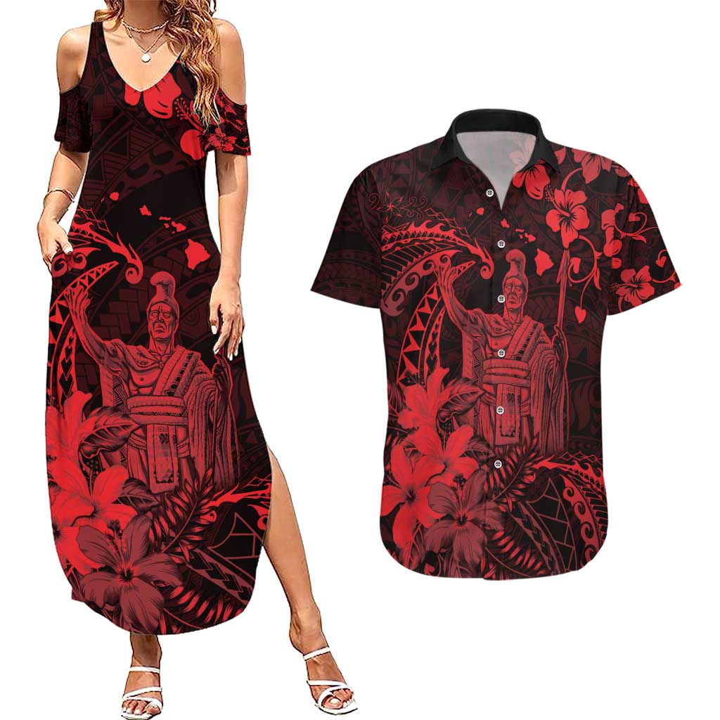 Hawaii King Kamehameha Day Couples Matching Summer Maxi Dress and Hawaiian Shirt Polynesian Pattern Mix Hibiscus Red