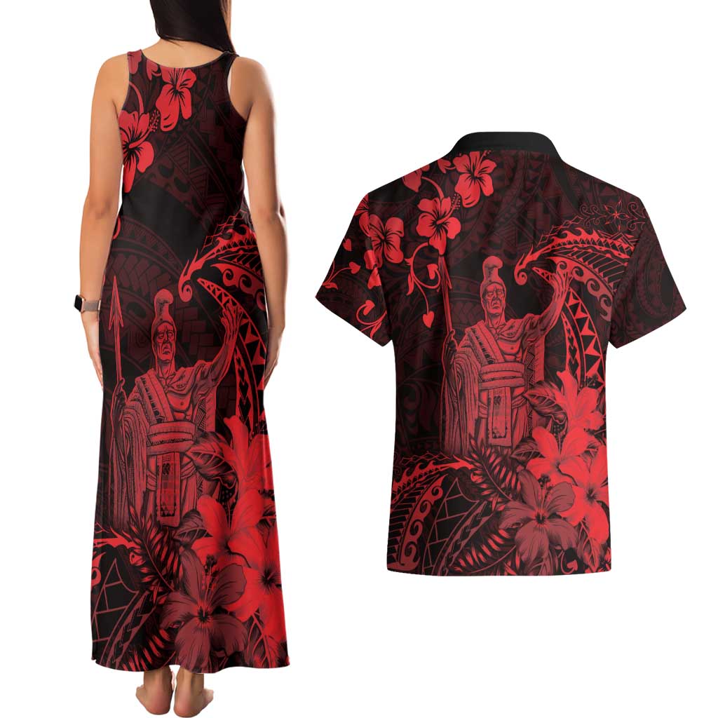 Hawaii King Kamehameha Day Couples Matching Tank Maxi Dress and Hawaiian Shirt Polynesian Pattern Mix Hibiscus Red