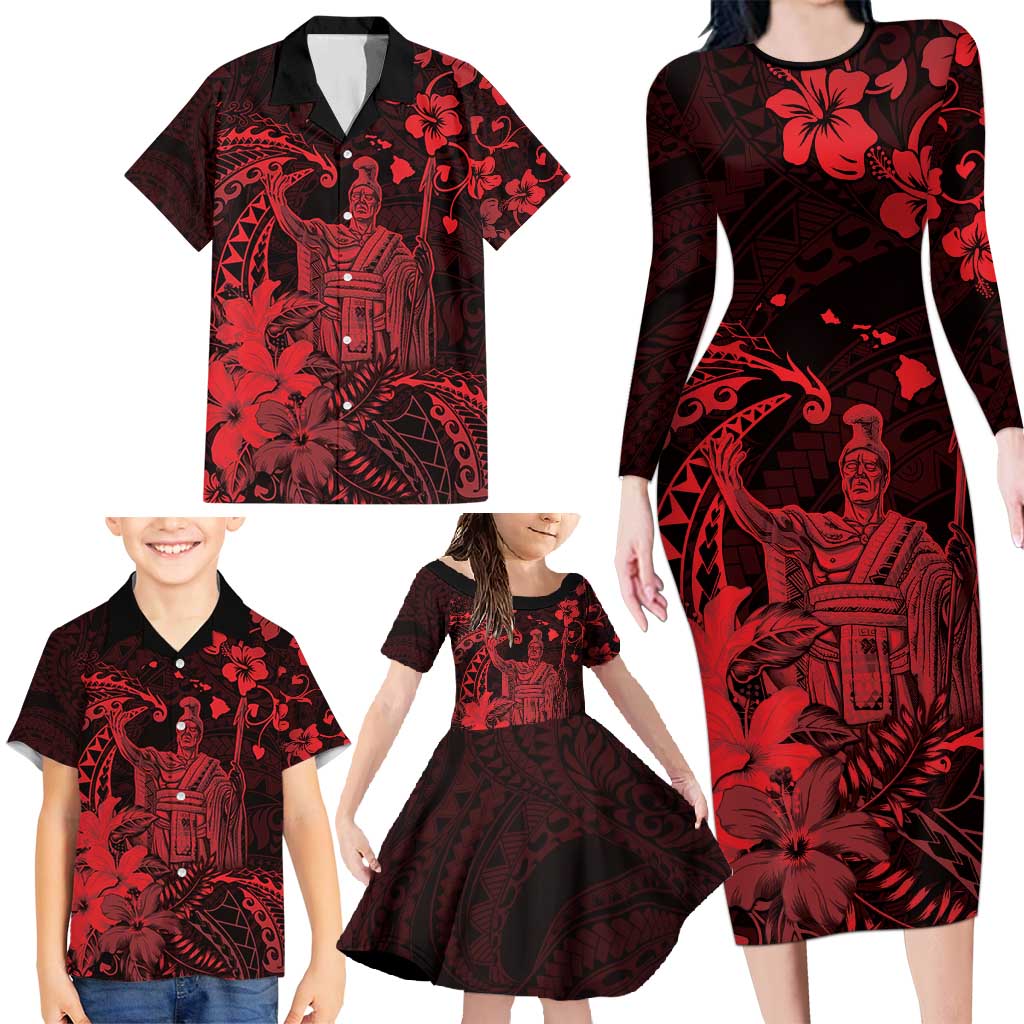 Hawaii King Kamehameha Day Family Matching Long Sleeve Bodycon Dress and Hawaiian Shirt Polynesian Pattern Mix Hibiscus Red