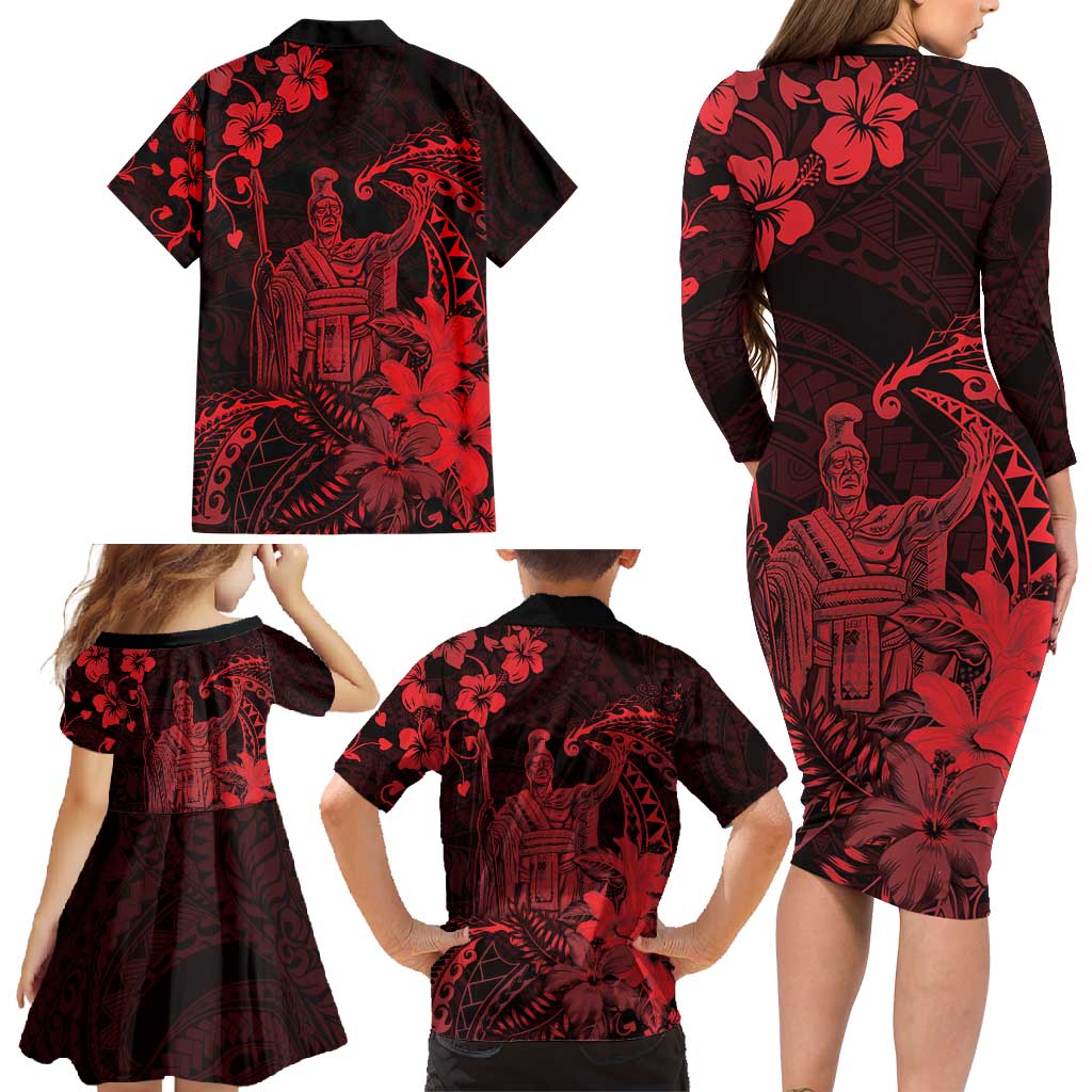 Hawaii King Kamehameha Day Family Matching Long Sleeve Bodycon Dress and Hawaiian Shirt Polynesian Pattern Mix Hibiscus Red