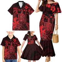 Hawaii King Kamehameha Day Family Matching Mermaid Dress and Hawaiian Shirt Polynesian Pattern Mix Hibiscus Red