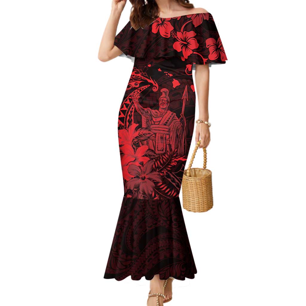 Hawaii King Kamehameha Day Family Matching Mermaid Dress and Hawaiian Shirt Polynesian Pattern Mix Hibiscus Red