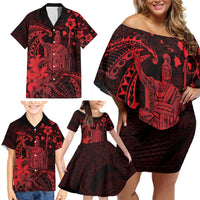 Hawaii King Kamehameha Day Family Matching Off Shoulder Short Dress and Hawaiian Shirt Polynesian Pattern Mix Hibiscus Red