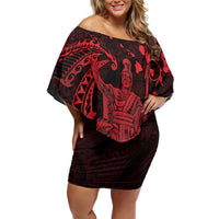 Hawaii King Kamehameha Day Family Matching Off Shoulder Short Dress and Hawaiian Shirt Polynesian Pattern Mix Hibiscus Red