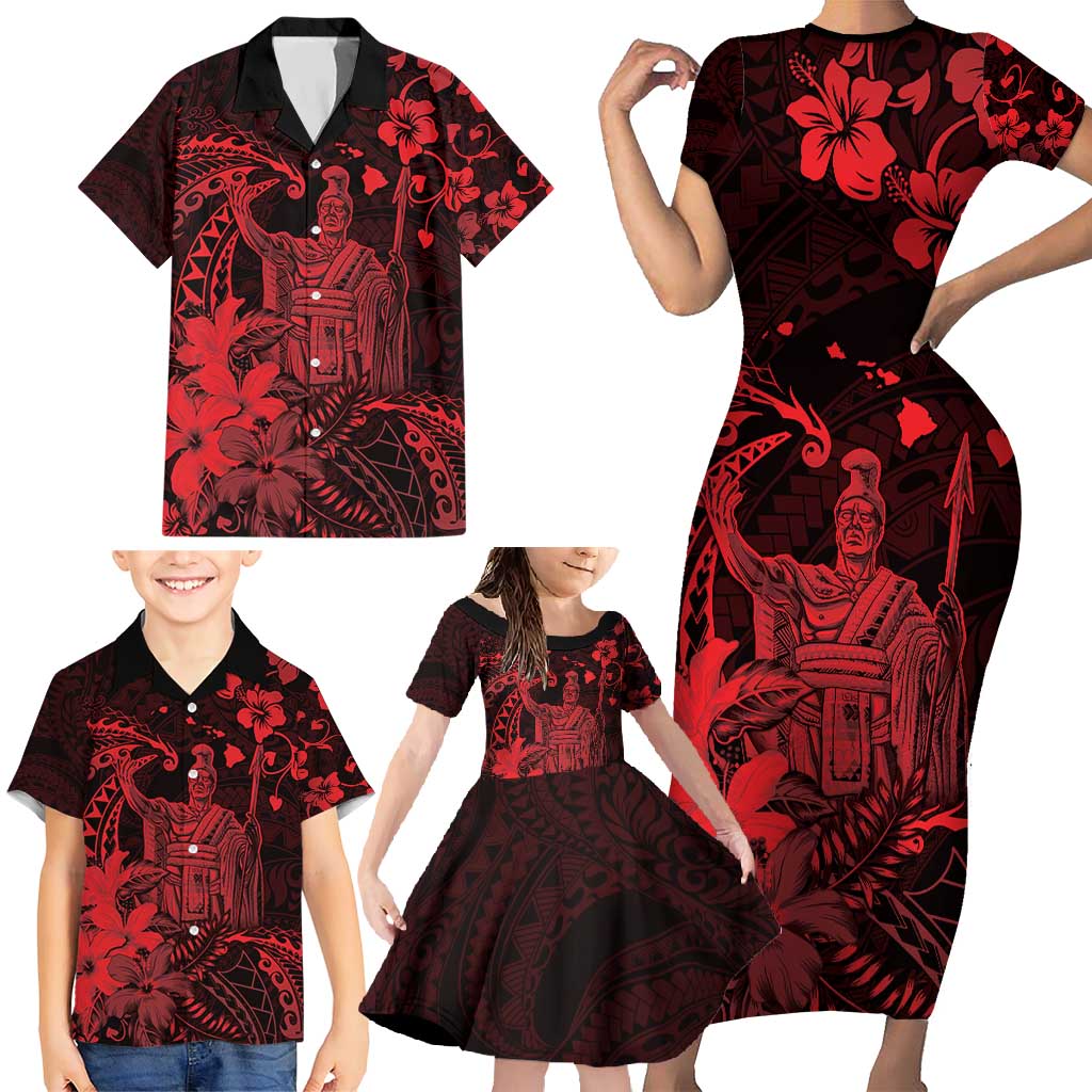 Hawaii King Kamehameha Day Family Matching Short Sleeve Bodycon Dress and Hawaiian Shirt Polynesian Pattern Mix Hibiscus Red