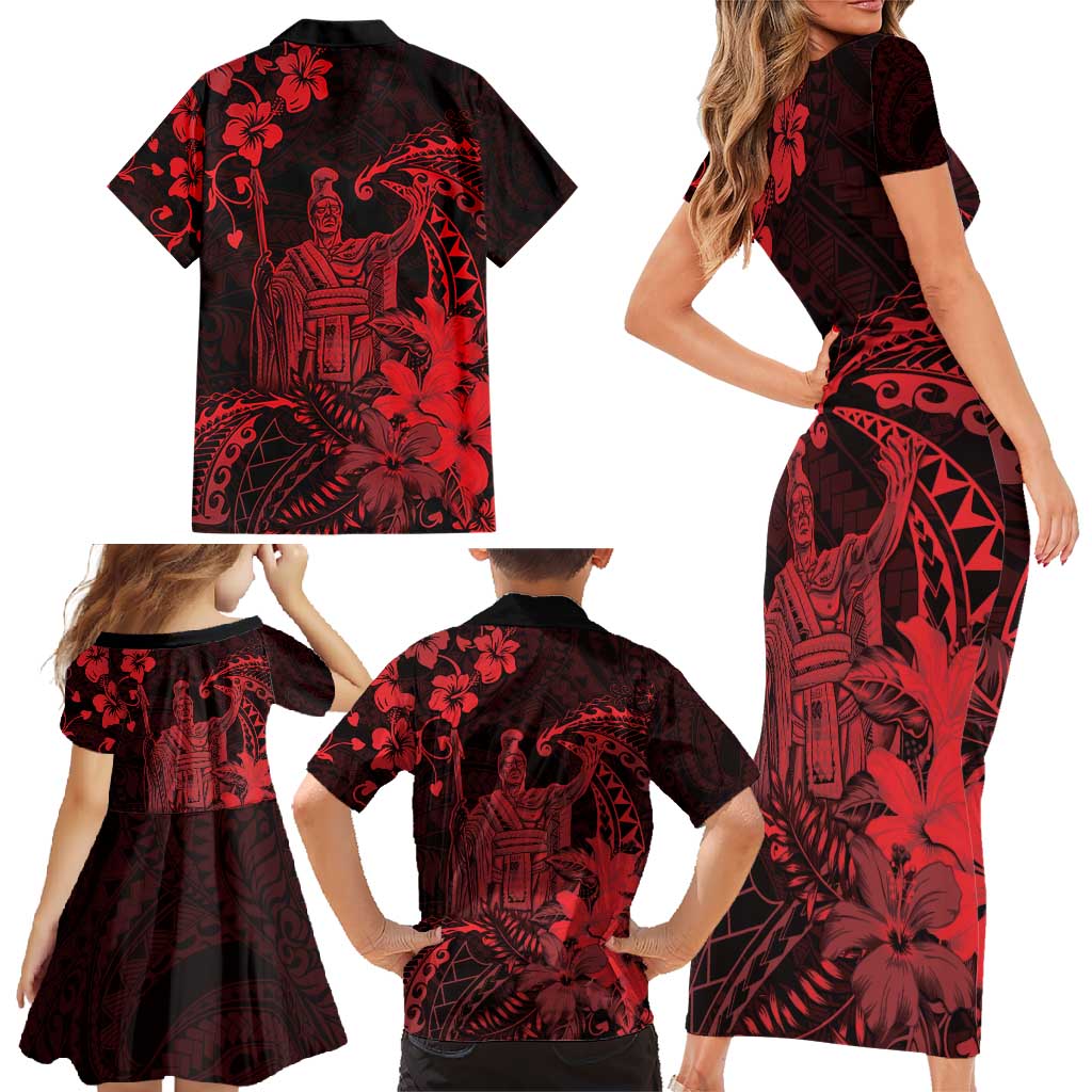 Hawaii King Kamehameha Day Family Matching Short Sleeve Bodycon Dress and Hawaiian Shirt Polynesian Pattern Mix Hibiscus Red