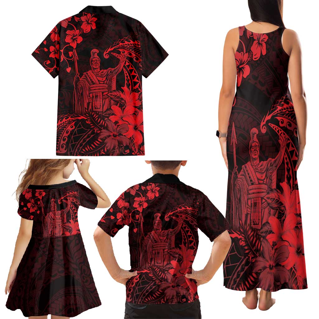 Hawaii King Kamehameha Day Family Matching Tank Maxi Dress and Hawaiian Shirt Polynesian Pattern Mix Hibiscus Red