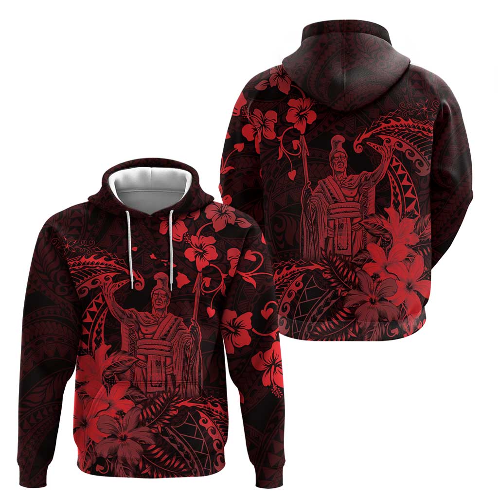 Hawaii King Kamehameha Day Hoodie Polynesian Pattern Mix Hibiscus Red