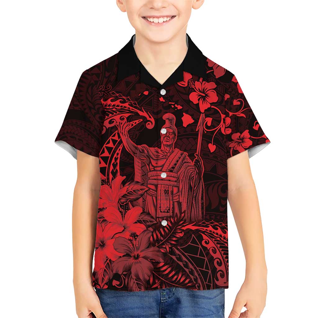 Hawaii King Kamehameha Day Kid Hawaiian Shirt Polynesian Pattern Mix Hibiscus Red