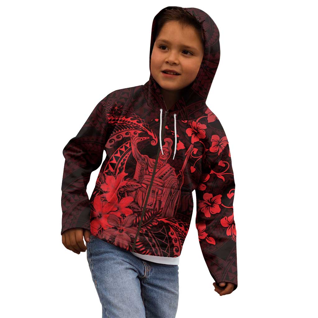 Hawaii King Kamehameha Day Kid Hoodie Polynesian Pattern Mix Hibiscus Red