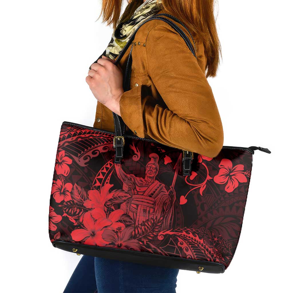 Hawaii King Kamehameha Day Leather Tote Bag Polynesian Pattern Mix Hibiscus Red