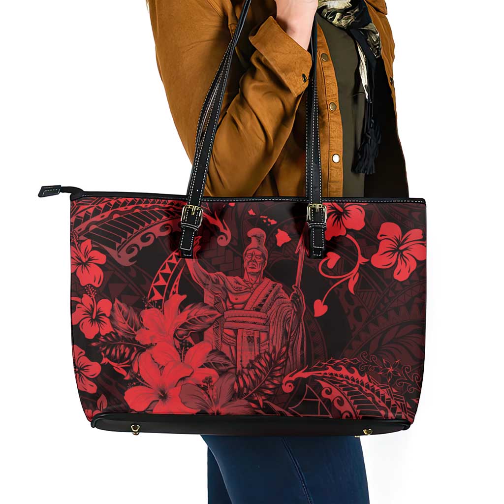 Hawaii King Kamehameha Day Leather Tote Bag Polynesian Pattern Mix Hibiscus Red