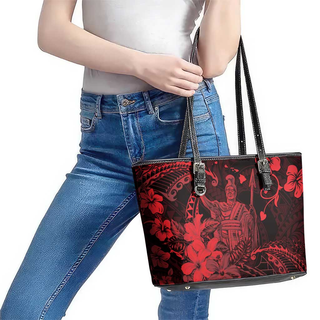 Hawaii King Kamehameha Day Leather Tote Bag Polynesian Pattern Mix Hibiscus Red
