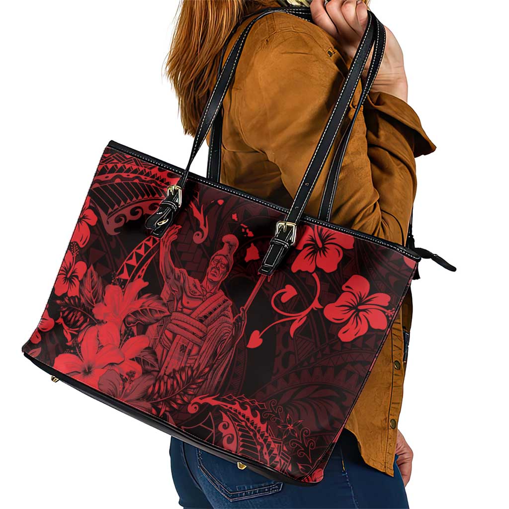Hawaii King Kamehameha Day Leather Tote Bag Polynesian Pattern Mix Hibiscus Red