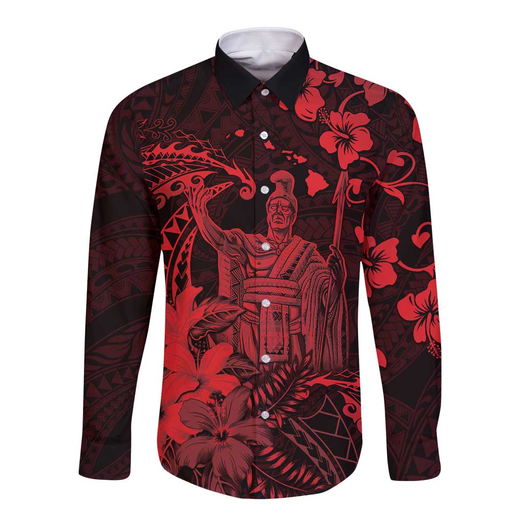 Hawaii King Kamehameha Day Long Sleeve Button Shirt Polynesian Pattern Mix Hibiscus Red