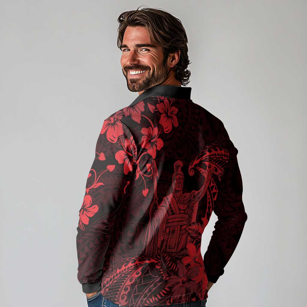 Hawaii King Kamehameha Day Long Sleeve Polo Shirt Polynesian Pattern Mix Hibiscus Red