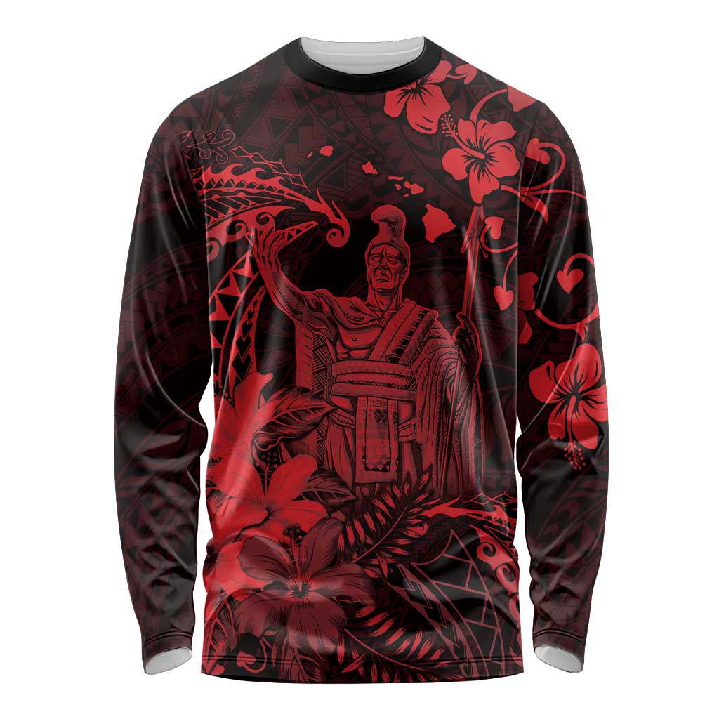 Hawaii King Kamehameha Day Long Sleeve Shirt Polynesian Pattern Mix Hibiscus Red