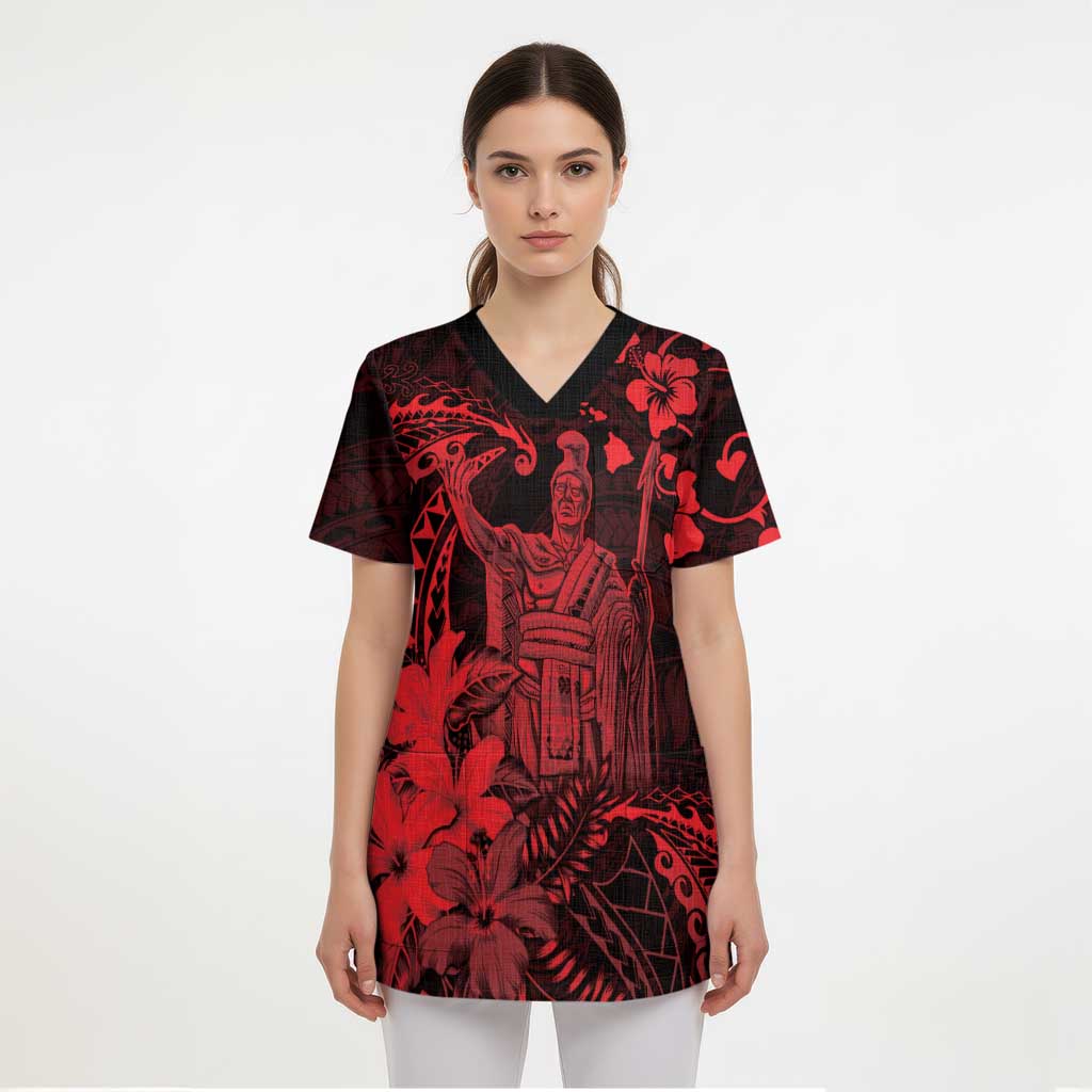 Hawaii King Kamehameha Day Scrub Top Polynesian Pattern Mix Hibiscus Red - Polynesian Pride