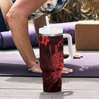Hawaii King Kamehameha Day Tumbler With Handle Polynesian Pattern Mix Hibiscus Red