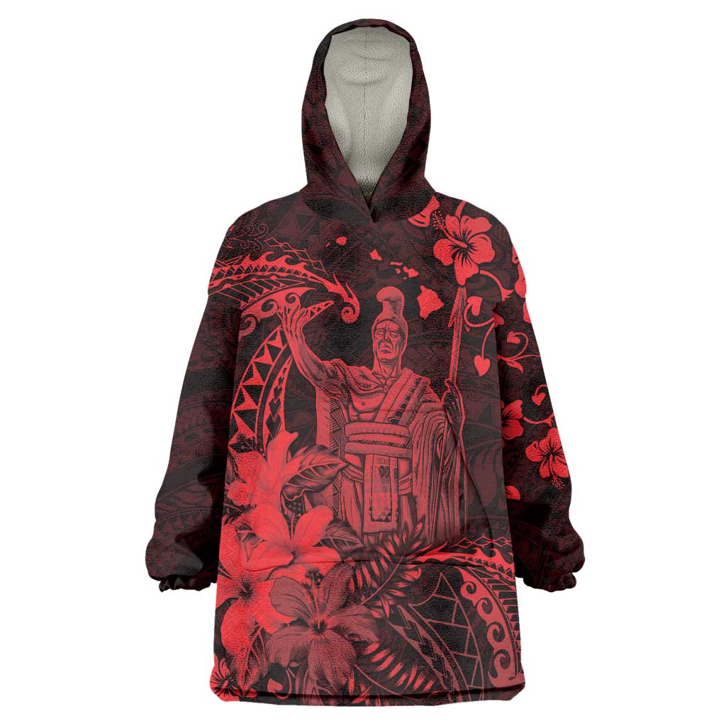 Hawaii King Kamehameha Day Wearable Blanket Hoodie Polynesian Pattern Mix Hibiscus Red