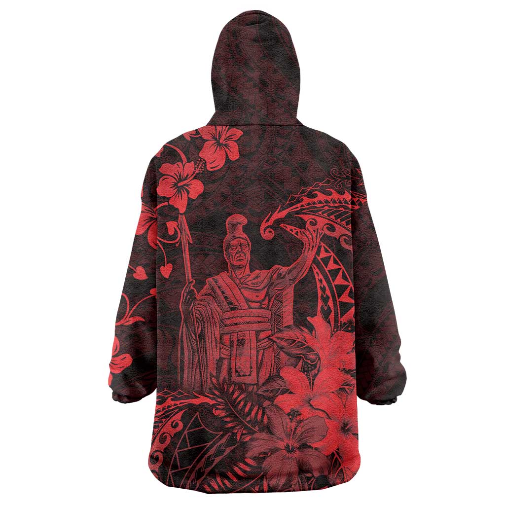 Hawaii King Kamehameha Day Wearable Blanket Hoodie Polynesian Pattern Mix Hibiscus Red