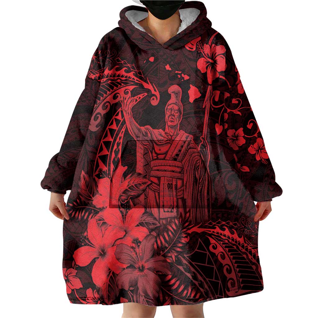 Hawaii King Kamehameha Day Wearable Blanket Hoodie Polynesian Pattern Mix Hibiscus Red
