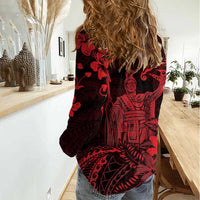 Hawaii King Kamehameha Day Women Casual Shirt Polynesian Pattern Mix Hibiscus Red