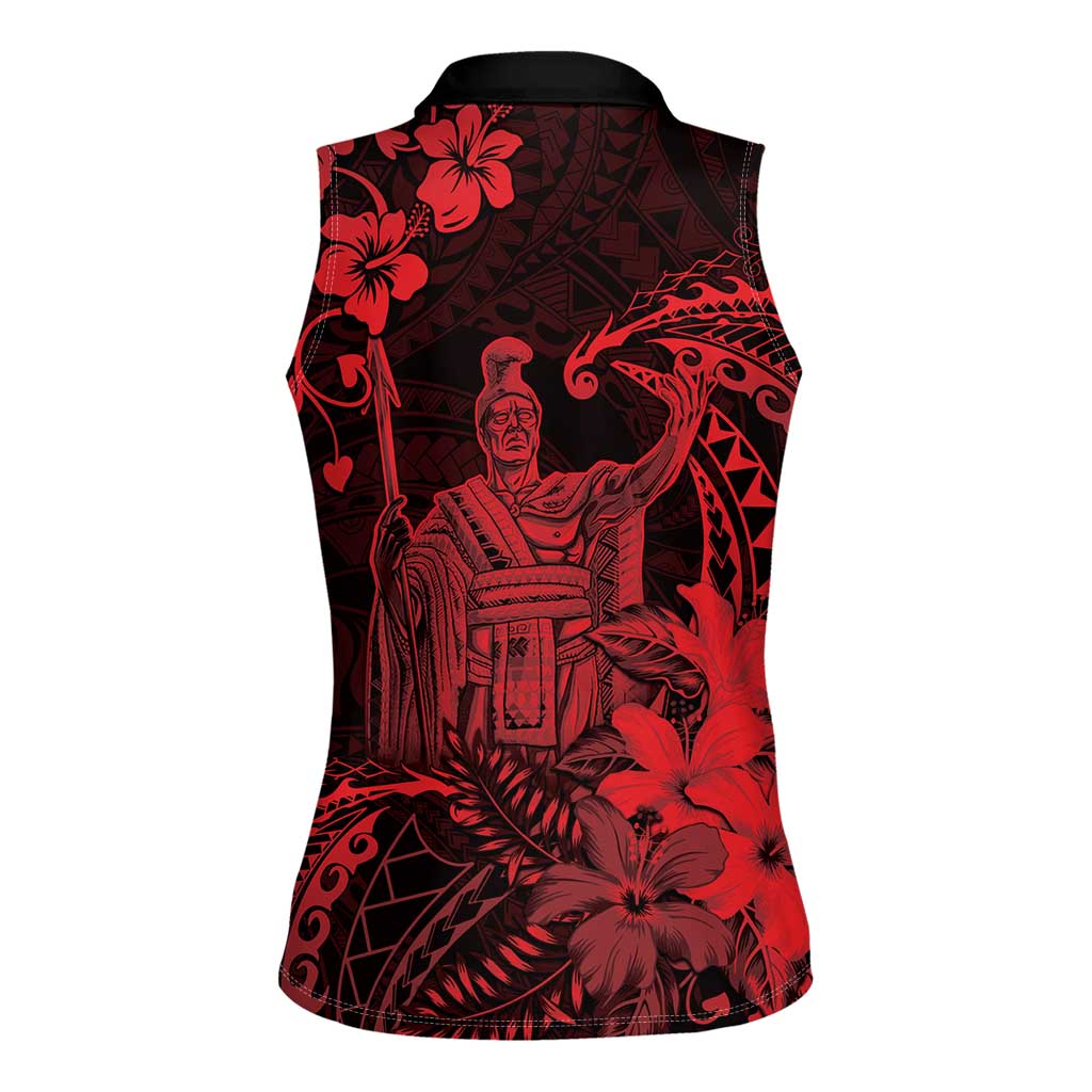 Hawaii King Kamehameha Day Women Sleeveless Polo Shirt Polynesian Pattern Mix Hibiscus Red