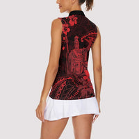 Hawaii King Kamehameha Day Women Sleeveless Polo Shirt Polynesian Pattern Mix Hibiscus Red