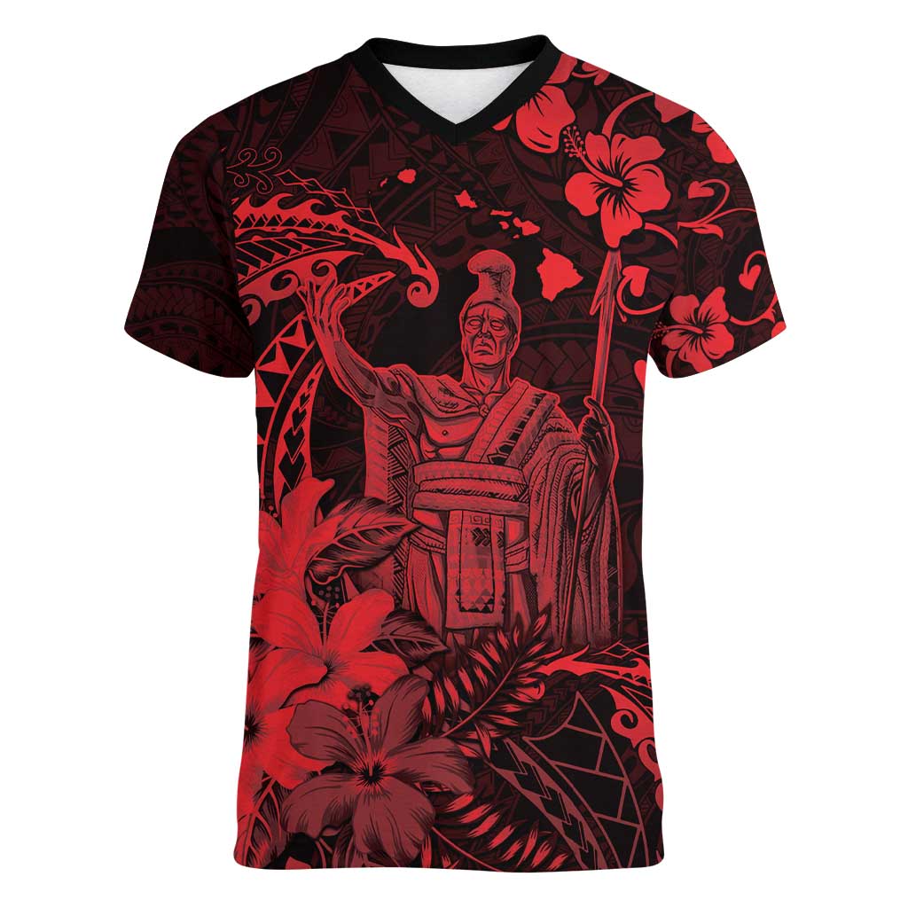 Hawaii King Kamehameha Day Women V-Neck T-Shirt Polynesian Pattern Mix Hibiscus Red