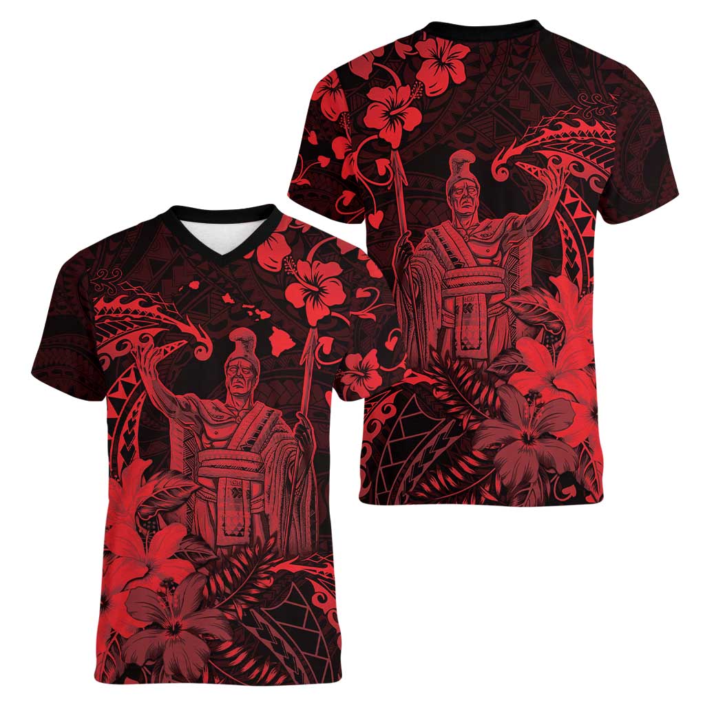 Hawaii King Kamehameha Day Women V-Neck T-Shirt Polynesian Pattern Mix Hibiscus Red