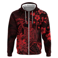 Hawaii King Kamehameha Day Zip Hoodie Polynesian Pattern Mix Hibiscus Red