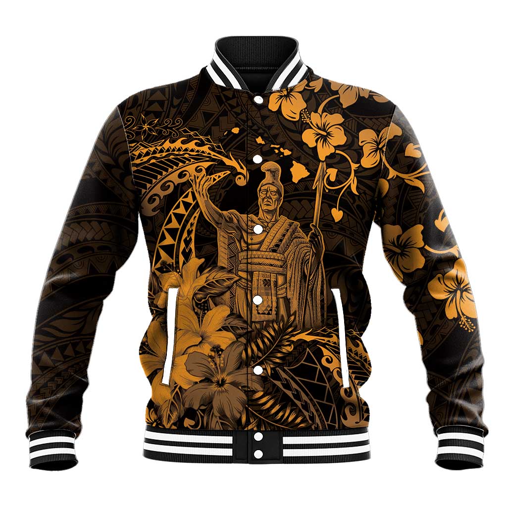 Hawaii King Kamehameha Day Baseball Jacket Polynesian Pattern Mix Hibiscus Gold