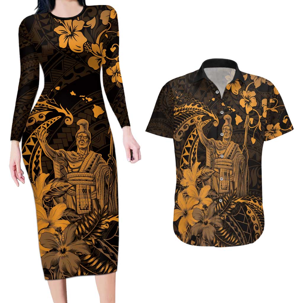 Hawaii King Kamehameha Day Couples Matching Long Sleeve Bodycon Dress and Hawaiian Shirt Polynesian Pattern Mix Hibiscus Gold