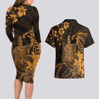 Hawaii King Kamehameha Day Couples Matching Long Sleeve Bodycon Dress and Hawaiian Shirt Polynesian Pattern Mix Hibiscus Gold
