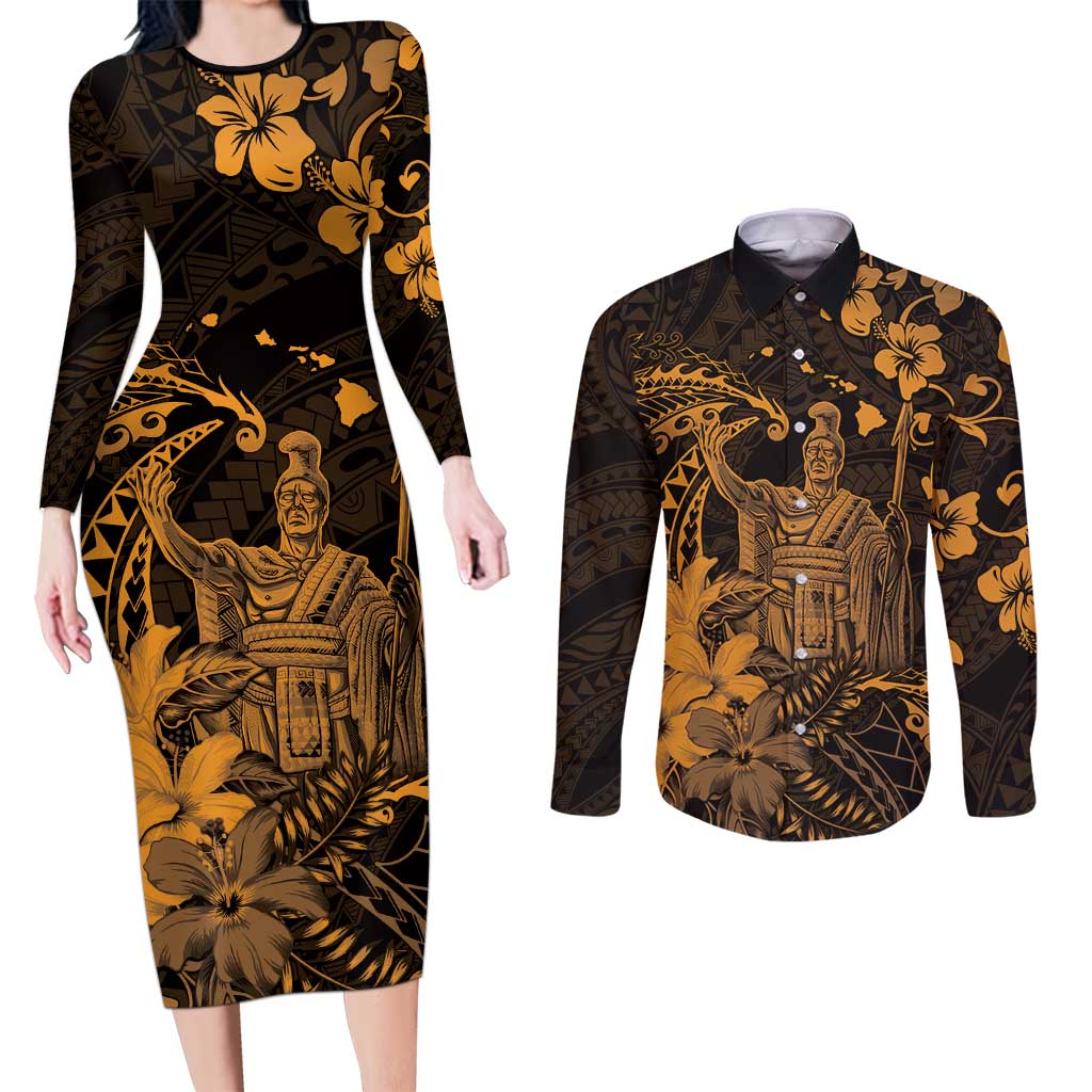 Hawaii King Kamehameha Day Couples Matching Long Sleeve Bodycon Dress and Long Sleeve Button Shirt Polynesian Pattern Mix Hibiscus Gold