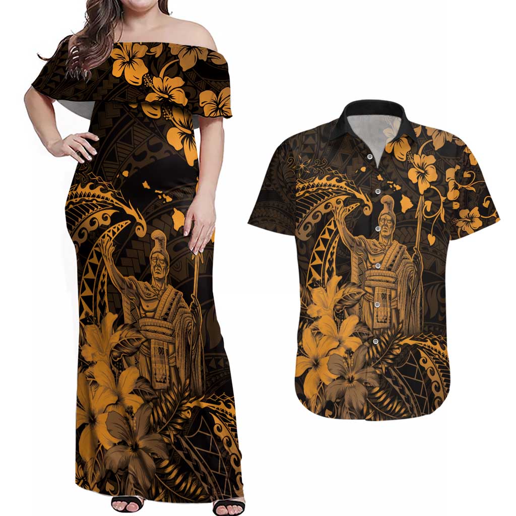 Hawaii King Kamehameha Day Couples Matching Off Shoulder Maxi Dress and Hawaiian Shirt Polynesian Pattern Mix Hibiscus Gold