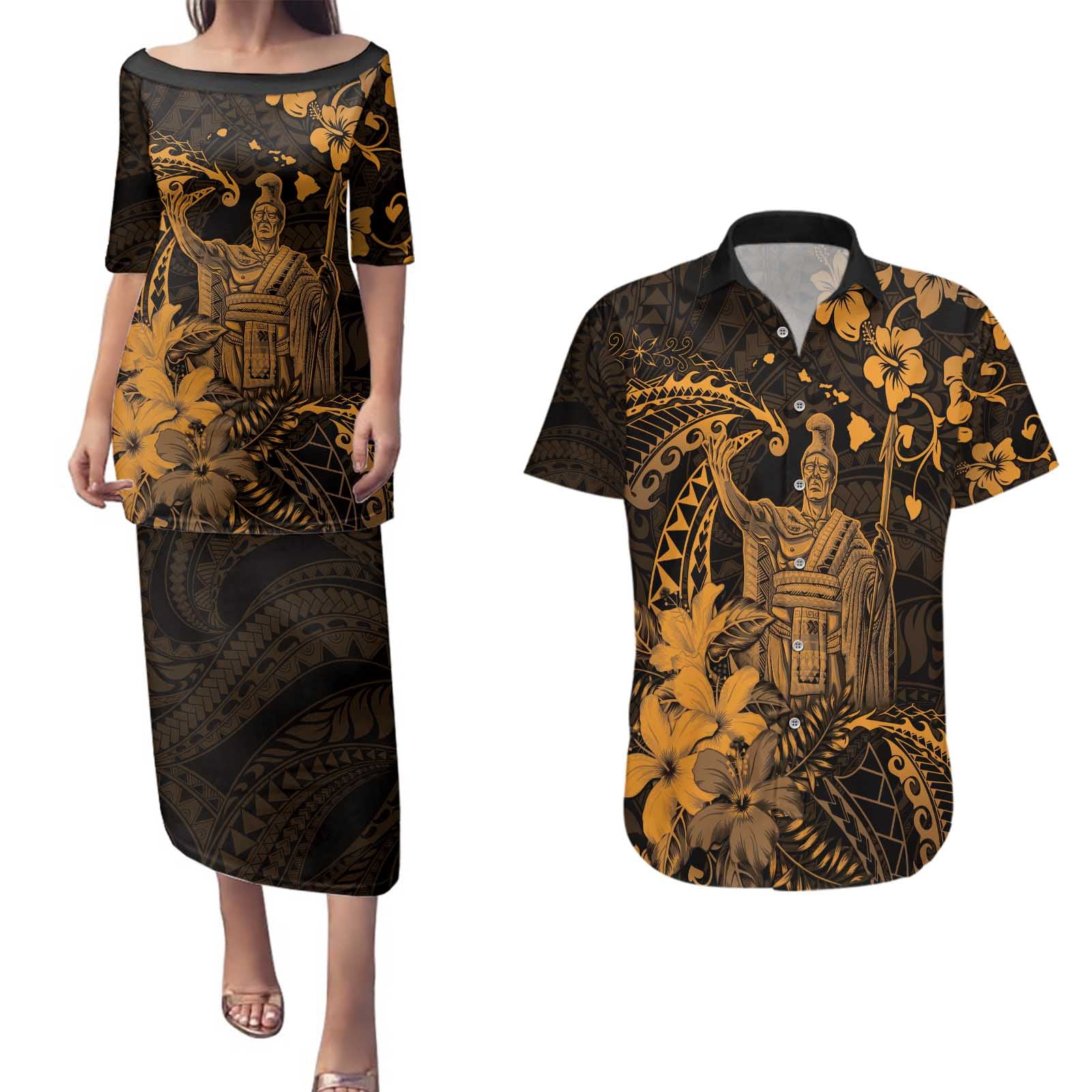 Hawaii King Kamehameha Day Couples Matching Puletasi and Hawaiian Shirt Polynesian Pattern Mix Hibiscus Gold