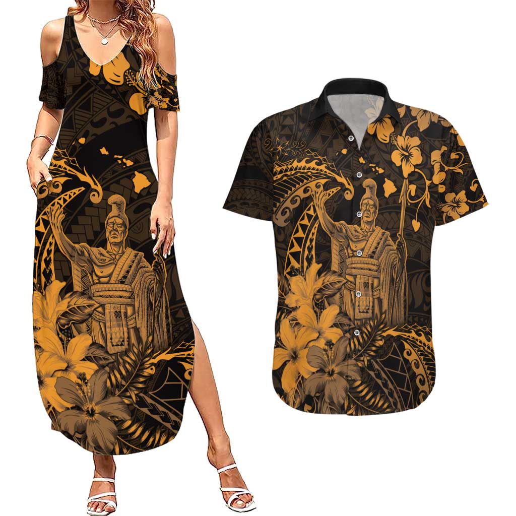 Hawaii King Kamehameha Day Couples Matching Summer Maxi Dress and Hawaiian Shirt Polynesian Pattern Mix Hibiscus Gold