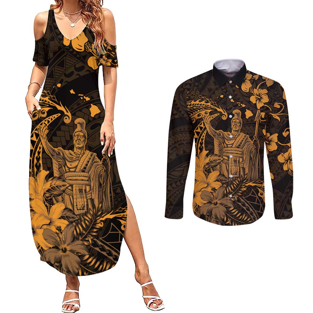 Hawaii King Kamehameha Day Couples Matching Summer Maxi Dress and Long Sleeve Button Shirt Polynesian Pattern Mix Hibiscus Gold