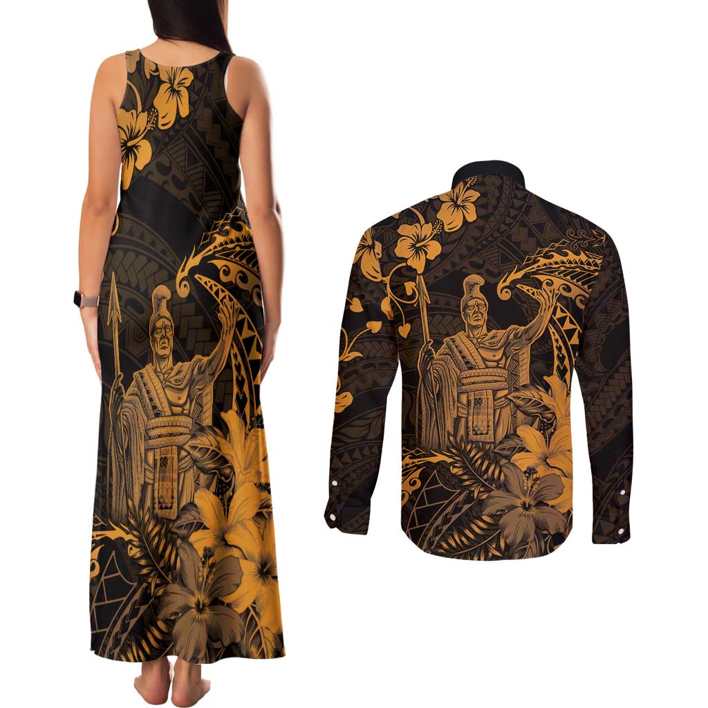 Hawaii King Kamehameha Day Couples Matching Tank Maxi Dress and Long Sleeve Button Shirt Polynesian Pattern Mix Hibiscus Gold