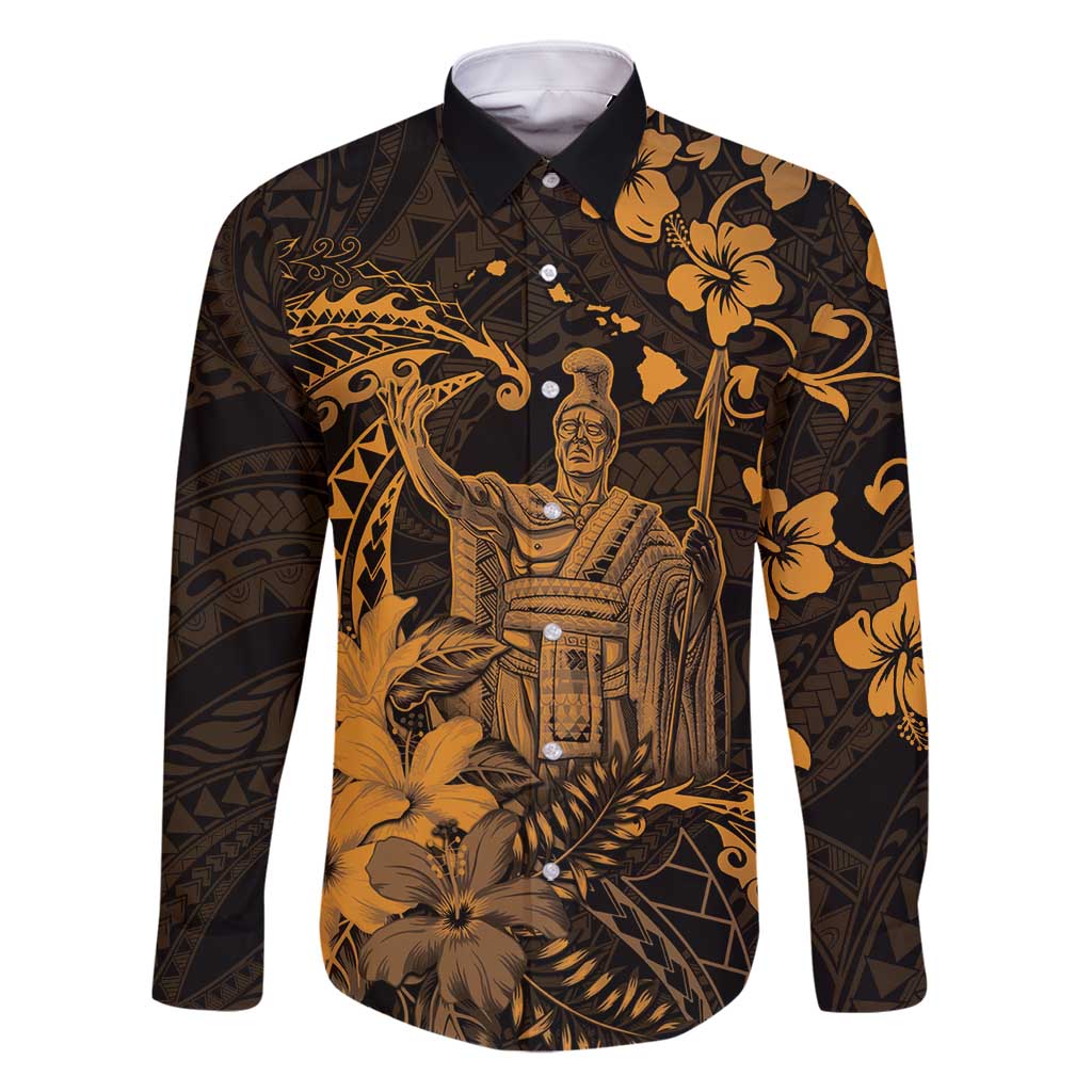 Hawaii King Kamehameha Day Family Matching Long Sleeve Bodycon Dress and Hawaiian Shirt Polynesian Pattern Mix Hibiscus Gold
