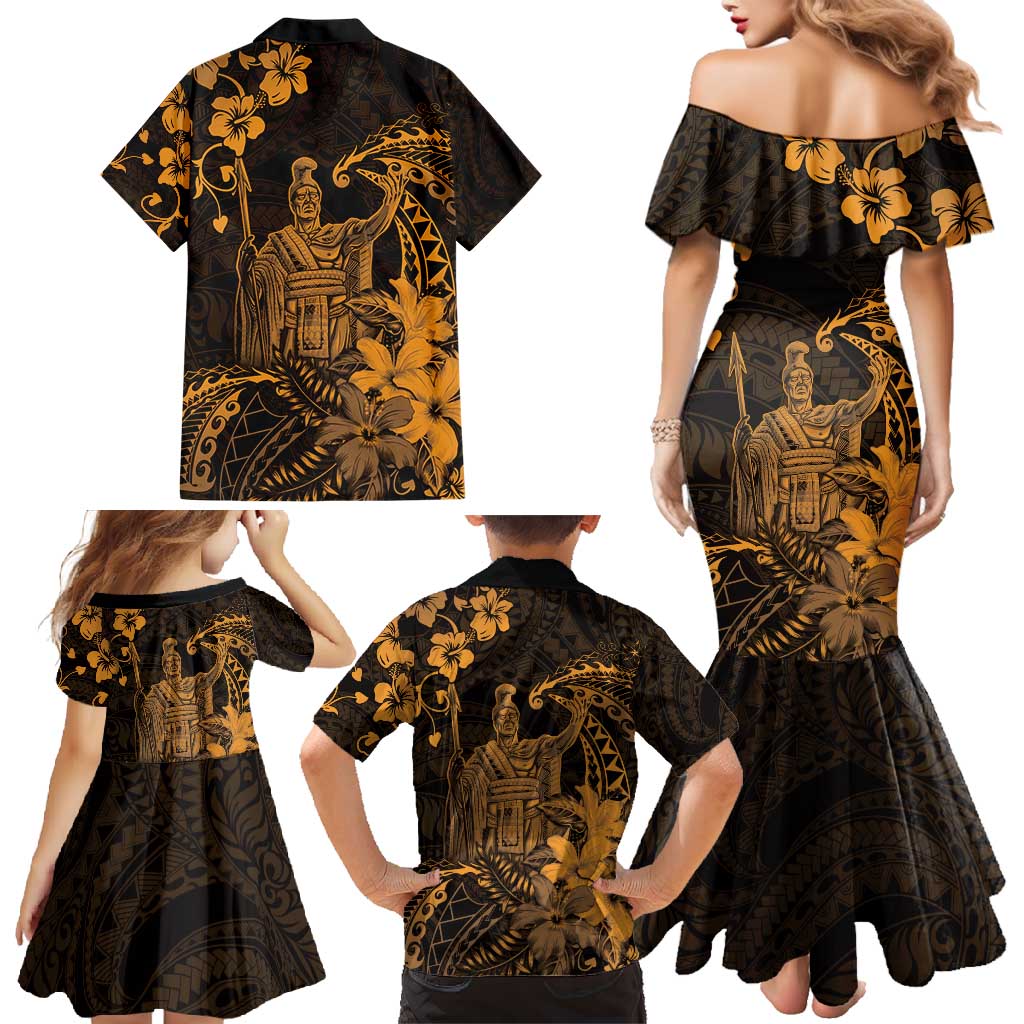 Hawaii King Kamehameha Day Family Matching Mermaid Dress and Hawaiian Shirt Polynesian Pattern Mix Hibiscus Gold