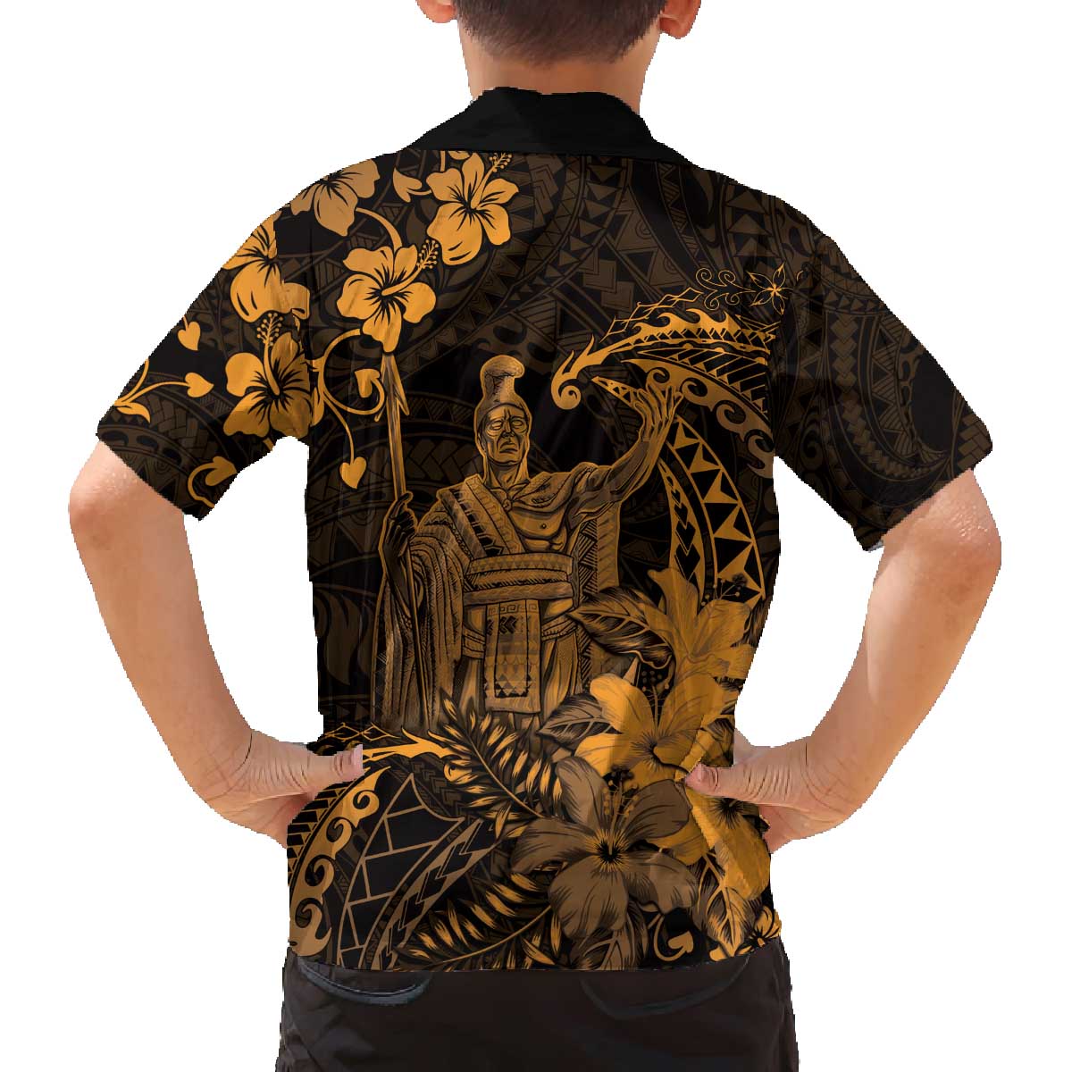 Hawaii King Kamehameha Day Family Matching Off The Shoulder Long Sleeve Dress and Hawaiian Shirt Polynesian Pattern Mix Hibiscus Gold