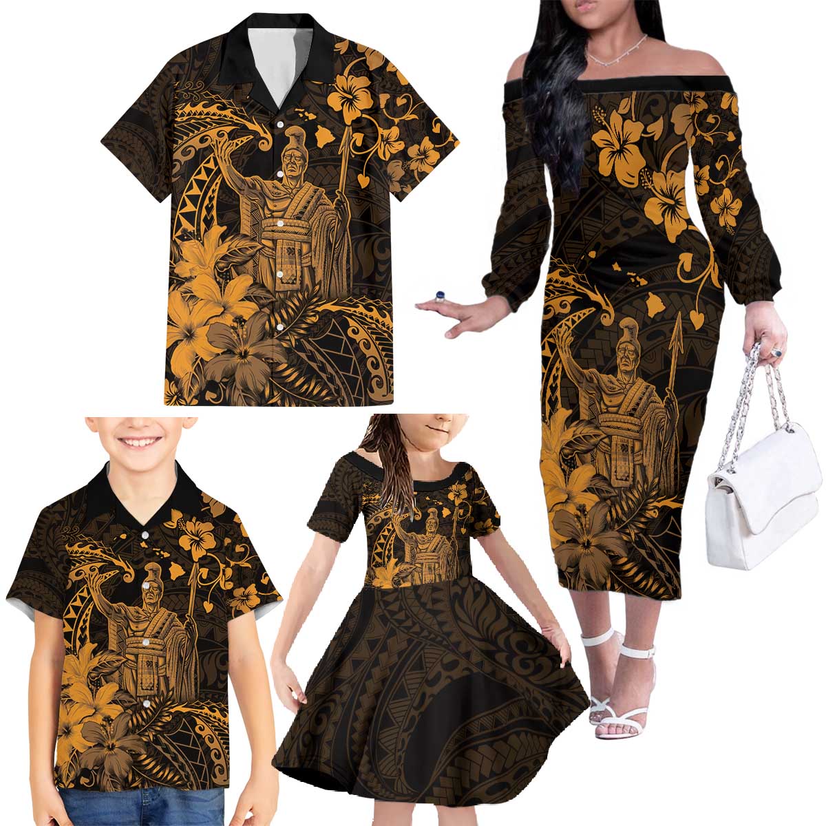 Hawaii King Kamehameha Day Family Matching Off The Shoulder Long Sleeve Dress and Hawaiian Shirt Polynesian Pattern Mix Hibiscus Gold