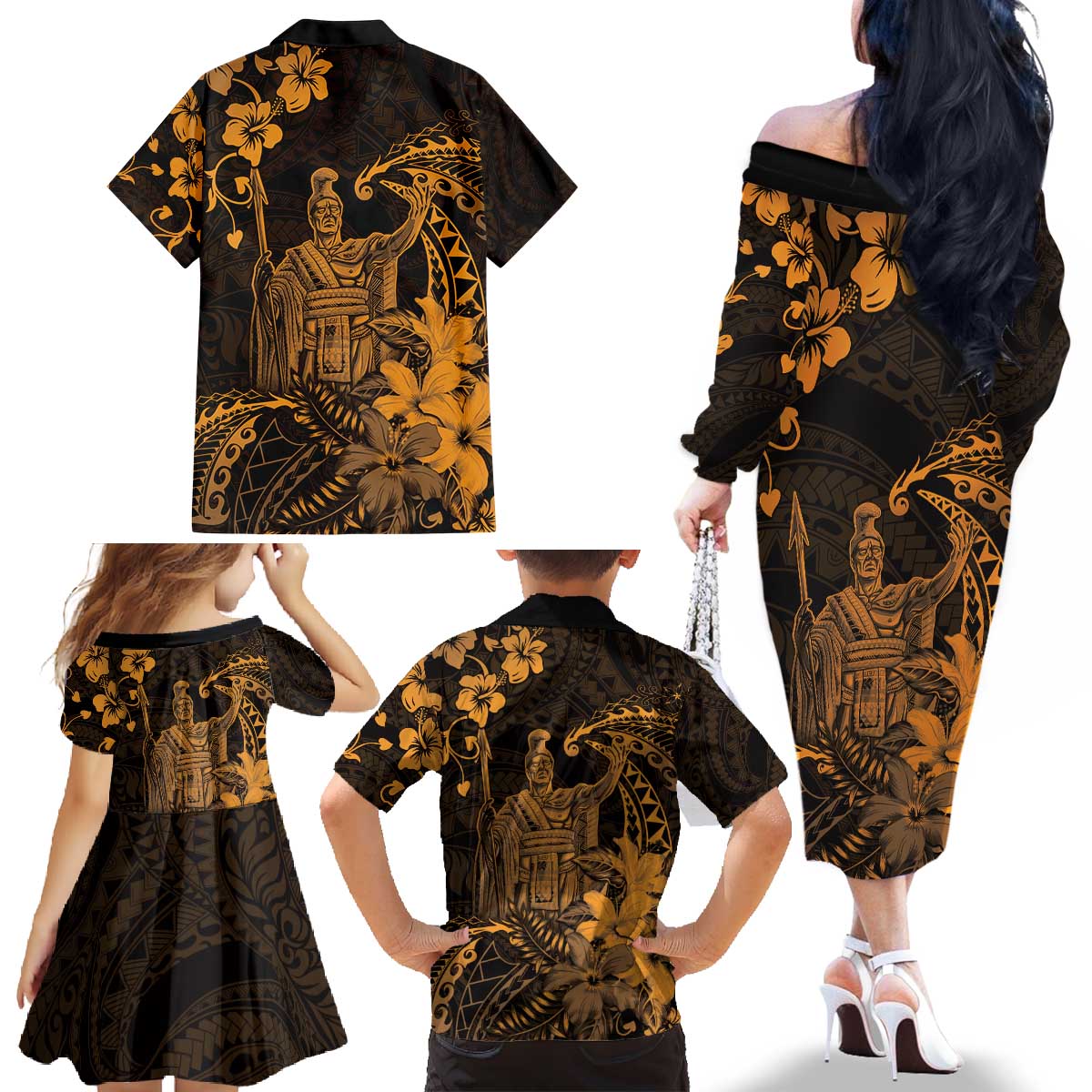 Hawaii King Kamehameha Day Family Matching Off The Shoulder Long Sleeve Dress and Hawaiian Shirt Polynesian Pattern Mix Hibiscus Gold