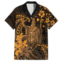 Hawaii King Kamehameha Day Family Matching Off The Shoulder Long Sleeve Dress and Hawaiian Shirt Polynesian Pattern Mix Hibiscus Gold