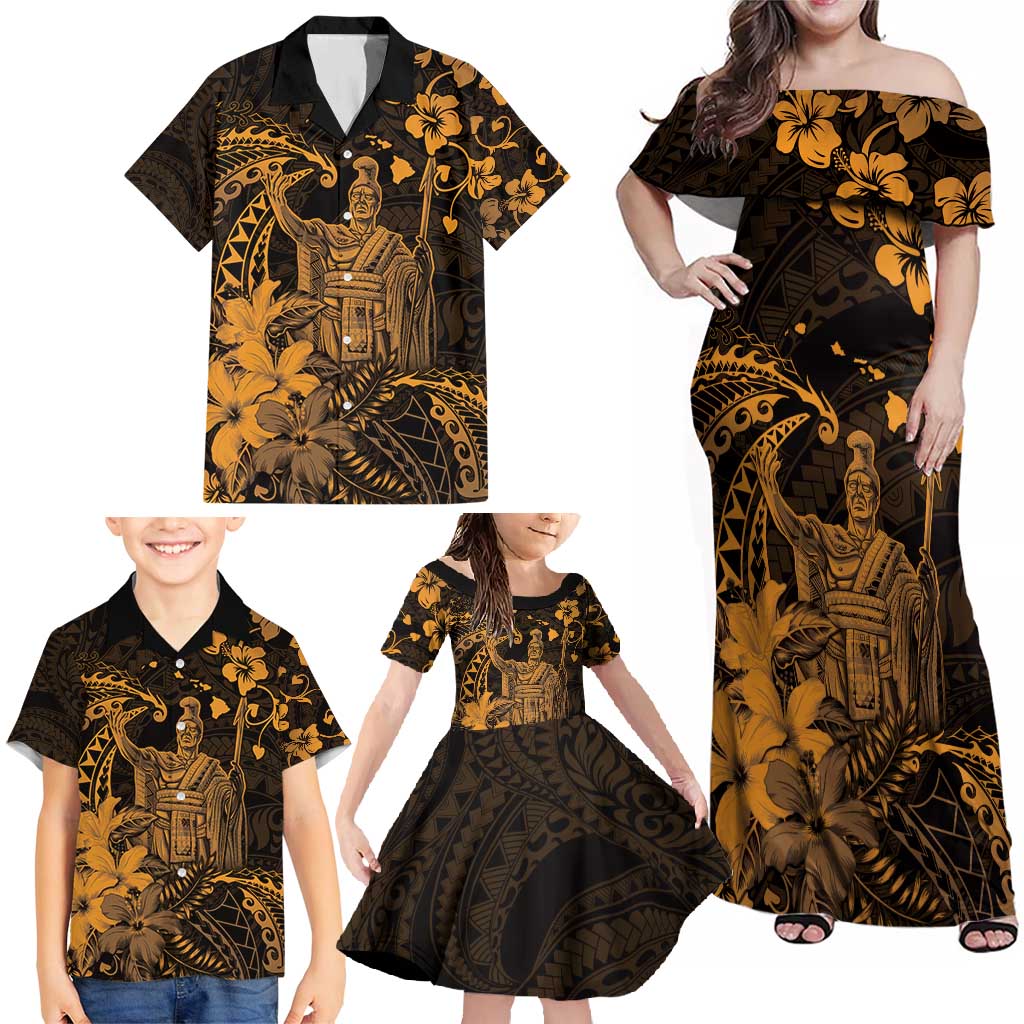 Hawaii King Kamehameha Day Family Matching Off Shoulder Maxi Dress and Hawaiian Shirt Polynesian Pattern Mix Hibiscus Gold