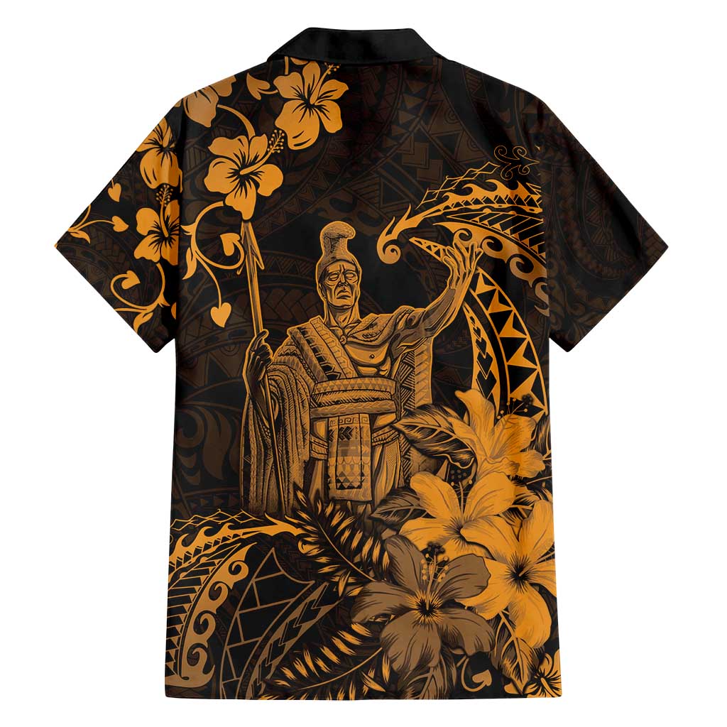 Hawaii King Kamehameha Day Family Matching Off Shoulder Short Dress and Hawaiian Shirt Polynesian Pattern Mix Hibiscus Gold