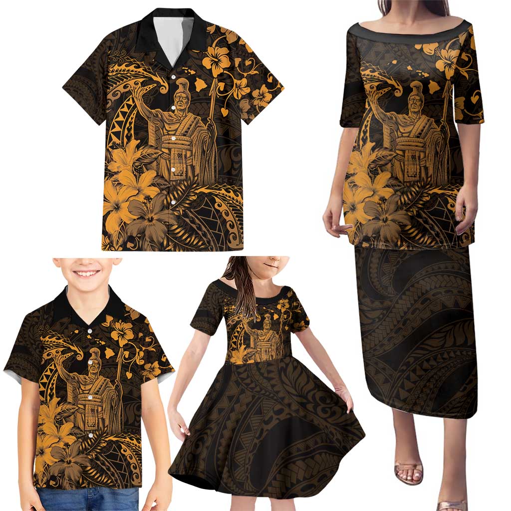 Hawaii King Kamehameha Day Family Matching Puletasi and Hawaiian Shirt Polynesian Pattern Mix Hibiscus Gold